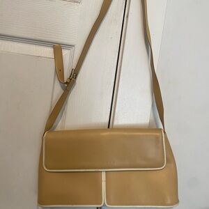 Arcadia Italy Genuine Leather Tan Shoulder Bag with White Trim - Women Bags